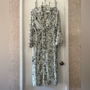 Ghospell White Sheer Button-Up Maxi-Dress with Navy and Lime-Green Accents